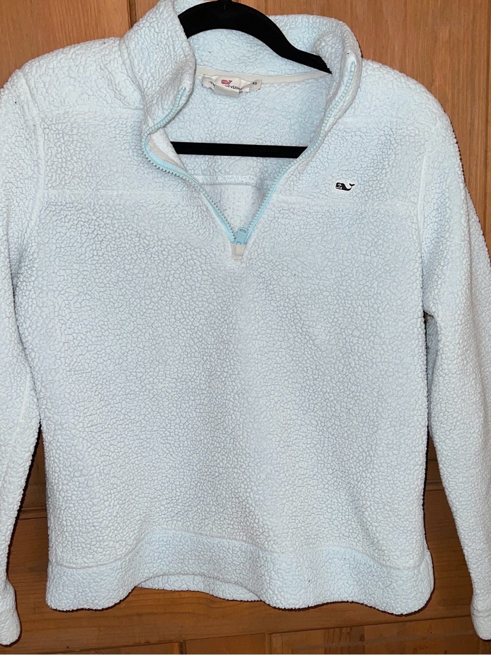 Vineyard Vines Pale Blue Sherpa Pullover with Navy Whale Logo